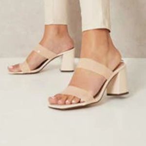 Aomo Love Jenny Cream Block Heel Two Strap Slip on Mule Sandals 3.5" Heel New